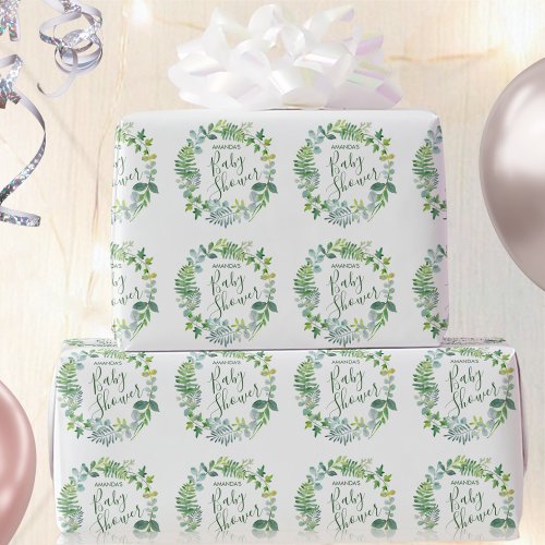 Baby Shower Greenery Wreath Personalized Name Wrapping Paper