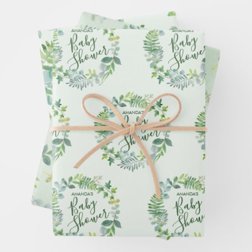 Baby Shower Greenery Wreath Personalized Wrapping Paper Sheets