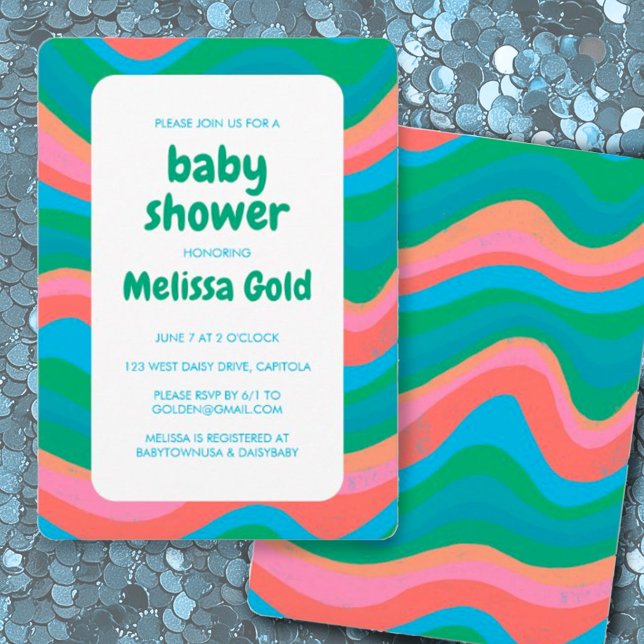 BABY SHOWER Groovy Colorful Stripes CUSTOM Bold Invitation (Groovy retro curvy stripes custom baby shower in pink green and blue)