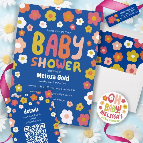 BABY SHOWER Groovy Daisies Floral CUSTOM QR Code Enclosure Card