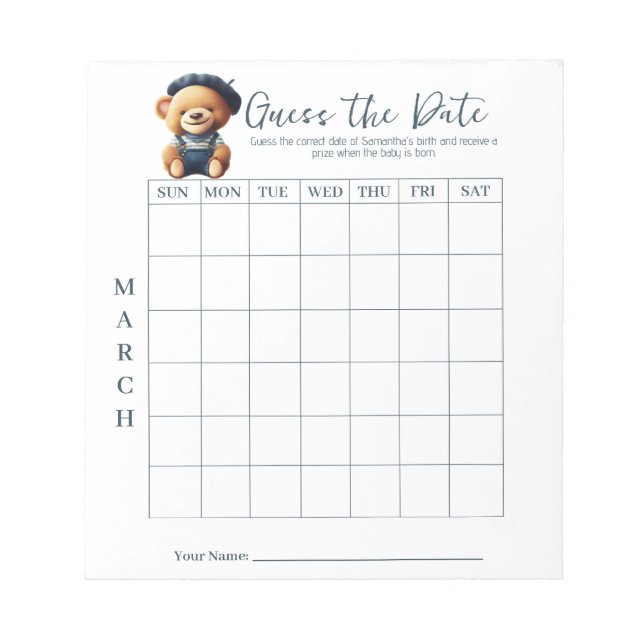 Baby Shower Guess the Date Game Activity Notepad (Front)