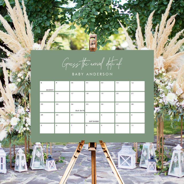 Baby shower guess the due date modern sage green foam board (Creator Uploaded)
