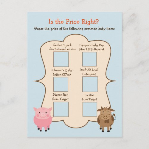 Baby Shower Guess the Price Game_ Farm Animals Invitation Postcard