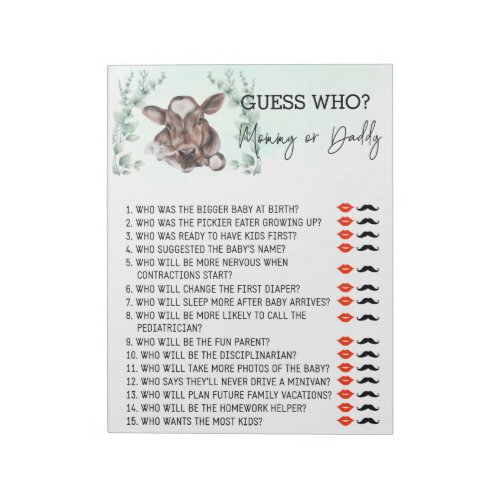 Baby Shower Guess Who Game Cow Calf Farm Notepad