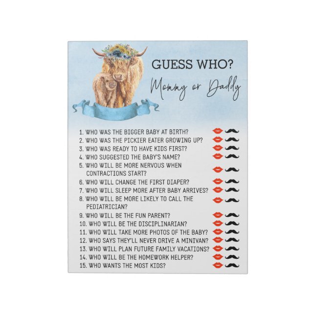 Baby Shower Guess Who Game Highland cow Blue Notepad (Rotated)