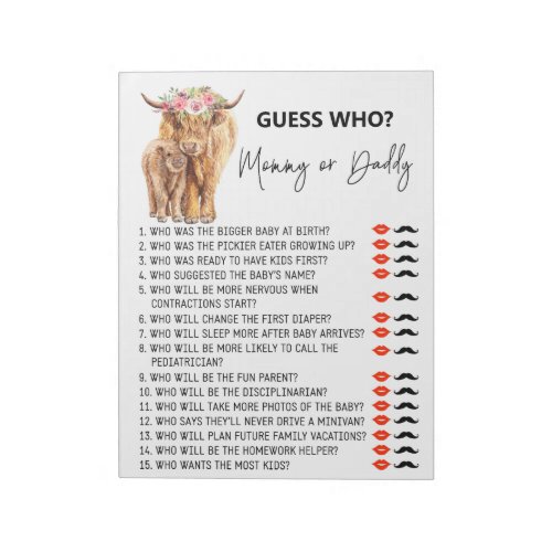 Baby Shower Guess Who Game Highland cow  Notepad