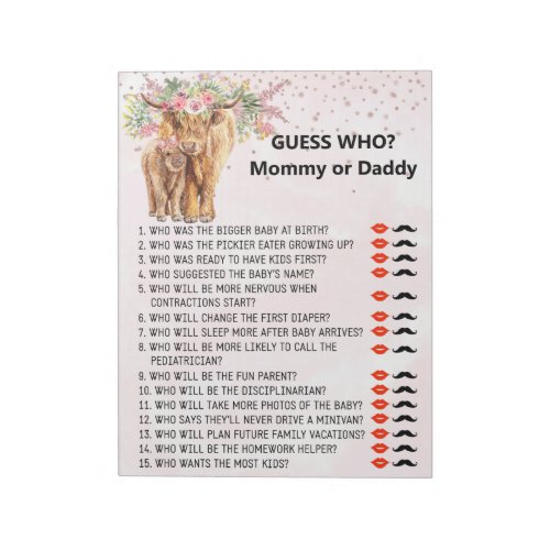Baby Shower Guess Who Game Highland cow  Notepad