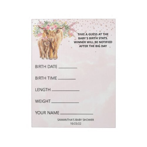 Baby Shower  Guesses Game Highland cow Pink Notepad