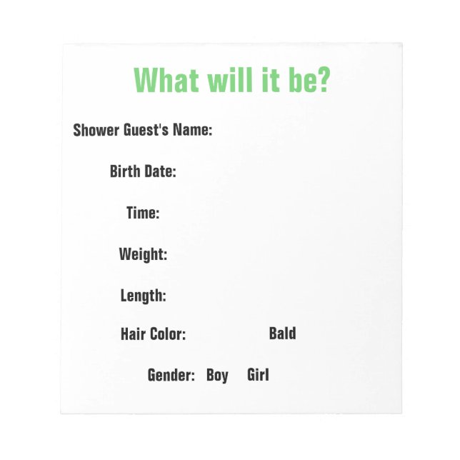Baby Shower Guessing Game Notepad (Front)