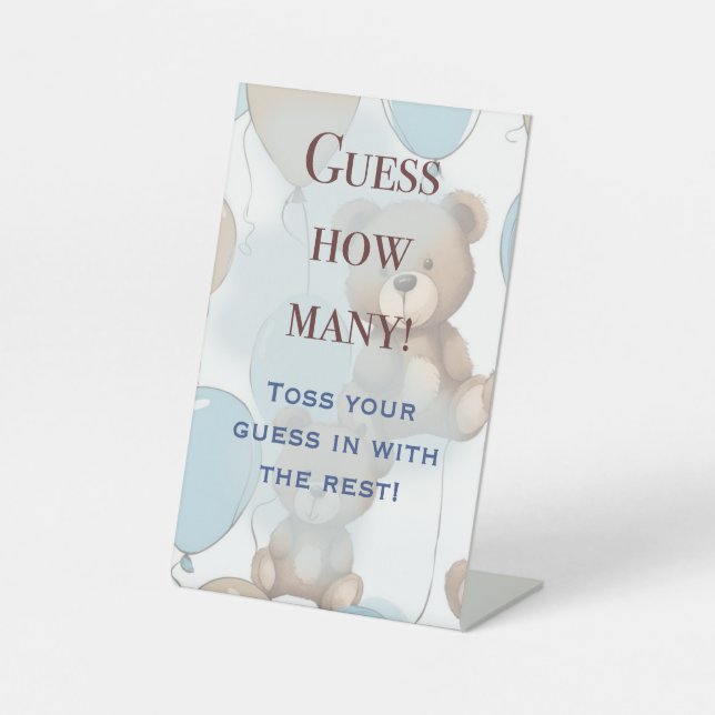 Baby Shower Guessing Game Sign, Teddy Bear Themed Pedestal Sign (Front)