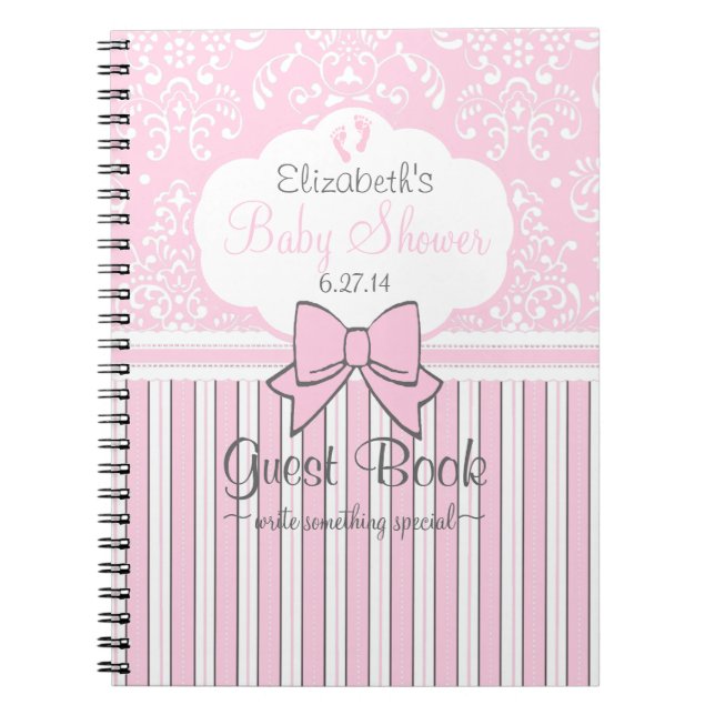 Baby Shower Guest Book Pink Damask and Stripes (Front)