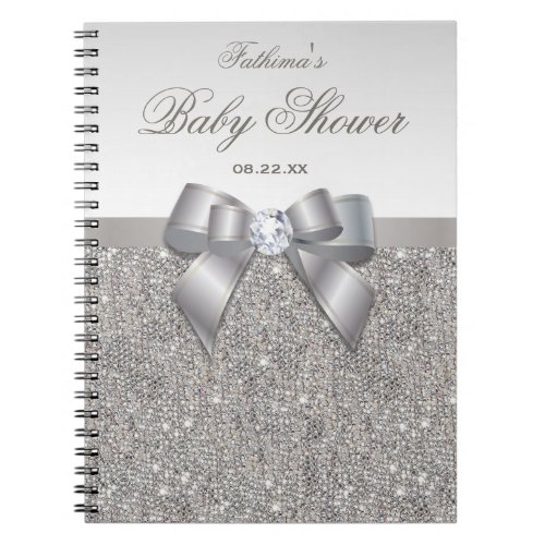 Baby Shower Guestbook Faux Silver Sequins and Bow Notebook
