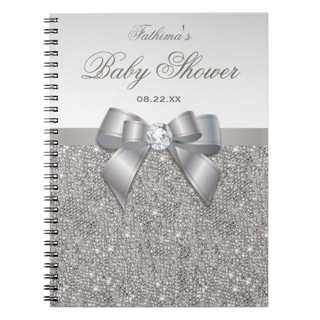 Baby Shower Guestbook Faux Silver Sequins and Bow Notebook (Front)