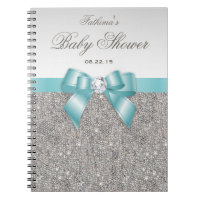 Baby Shower Guestbook Faux Silver Sequins Teal Bow Notebook