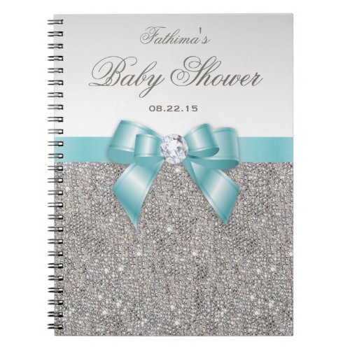 Baby Shower Guestbook Faux Silver Sequins Teal Bow Notebook