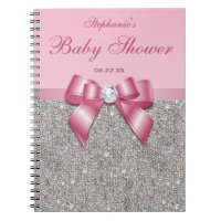 Baby Shower Guestbook Silver Sequins Pink Bow Notebook