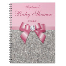 Baby Shower Guestbook Silver Sequins Pink Bow
