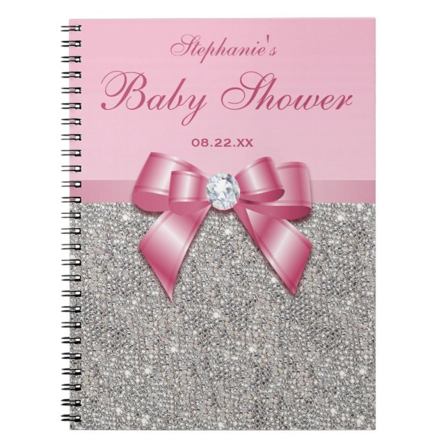 Baby Shower Guestbook Silver Sequins Pink Bow Notebook (Front)