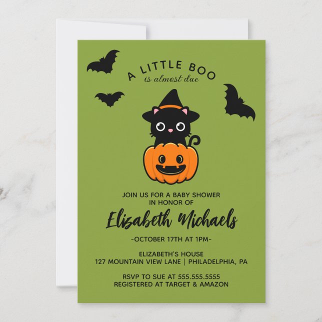 BABY SHOWER | Halloween Cute Cat Witch Note Card (Front)