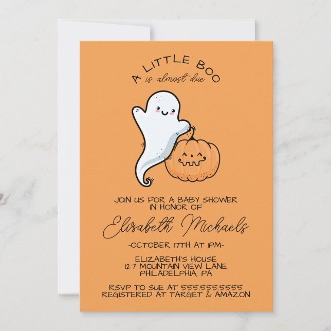BABY SHOWER | Halloween Lil' Boo Ghost & Pumpkin Note Card (Front)