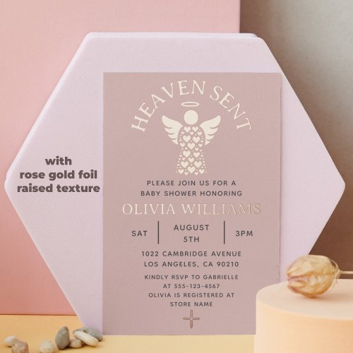 Baby Shower Heaven Sent Angel Hearts Rose Gold Foil Invitation