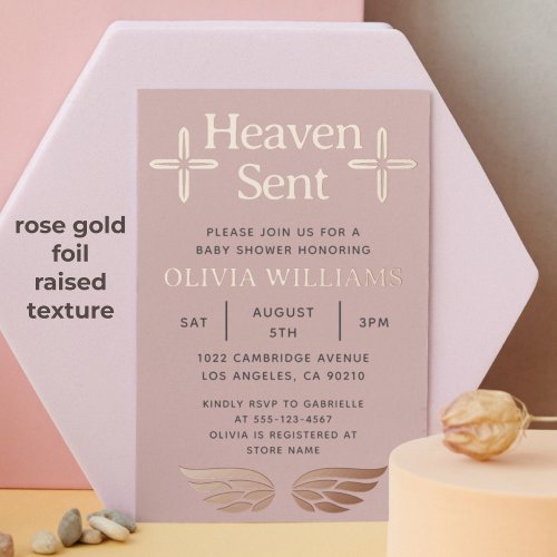 Baby Shower Heaven Sent Cross Angel Rose Gold Foil Invitation