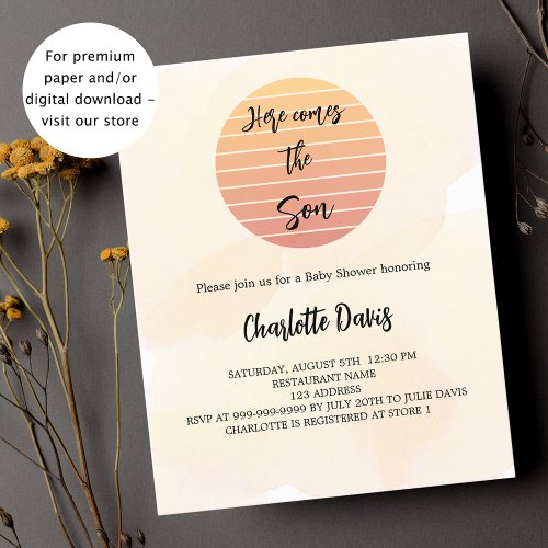 Baby Shower here comes the son budget invitation