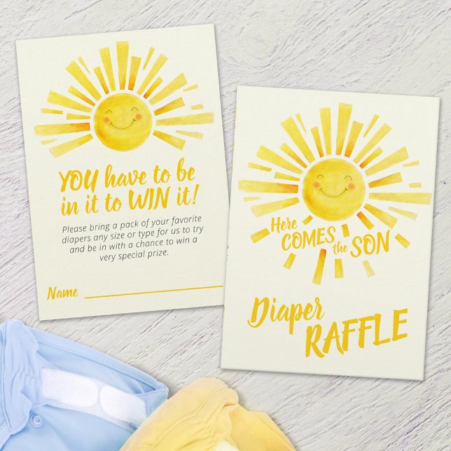 Baby shower here comes the son diaper raffle enclosure card (Creator Uploaded)