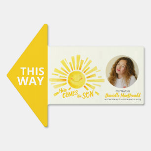 Baby shower here comes the sun yellow direction sign