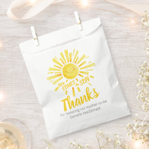 Baby shower here comes the sun yellow thank you favor bag