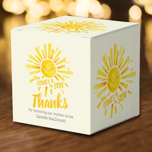 Baby shower here comes the sun yellow thank you favor boxes (Creator Uploaded)