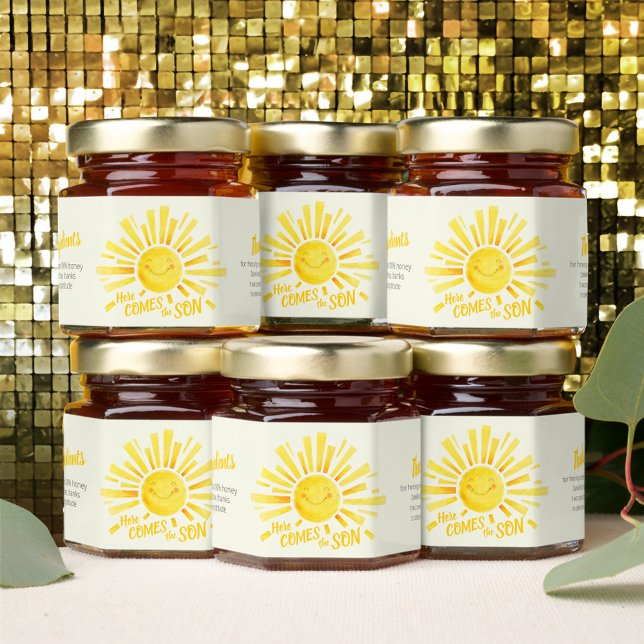 Baby shower here comes the sun yellow thank you honey jar favors (Creator Uploaded)
