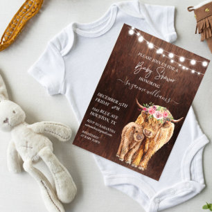 Baby Shower Highland Cow Calf Wood Rustic  Invitation