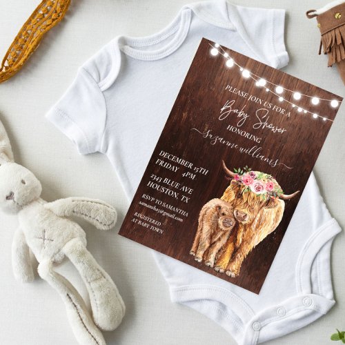 Baby Shower Highland Cow Calf Wood Rustic  Invitation