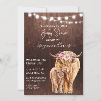 Baby Shower Highland Cow Calf Wood Rustic Invitation 