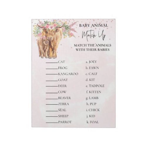 Baby Shower Highland cow Pink Animal Match Up  Notepad