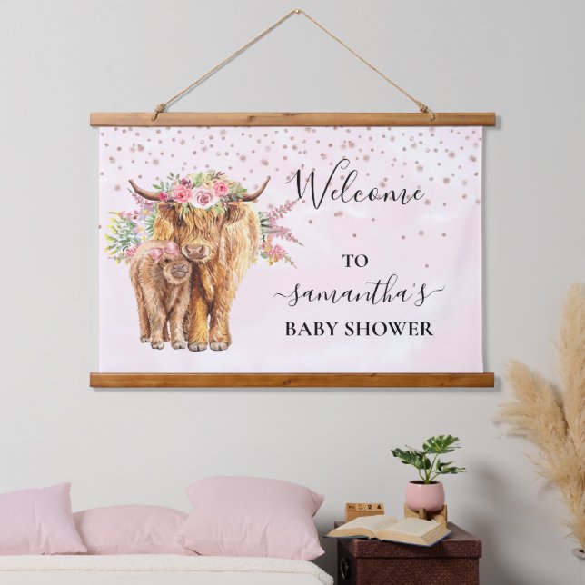 Baby shower Highland Cow Pink Calf Sign Welcome Hanging Tapestry (Bedroom)