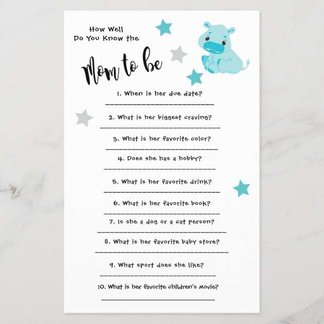 Baby Shower Hippo How well you know the card Flyer (Front)