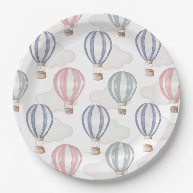 Baby Shower Hot Air Balloons Gender Neutral Paper Plates (Front)