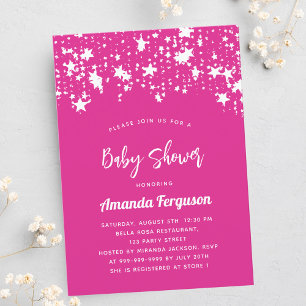 Baby Shower hot pink white stars girl Invitation Postcard