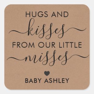 Baby Shower Hugs and Kisses Tag, Baby Girl, Kraft Square Sticker