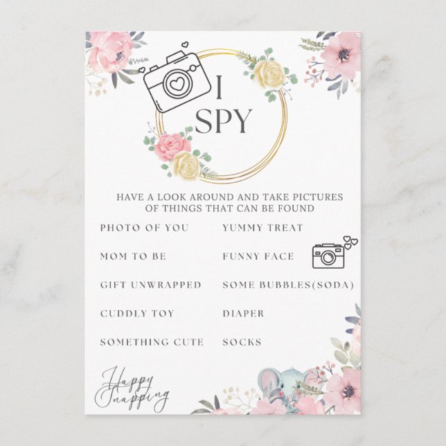 Baby Shower I Spy Game Elephant Design Enclosure Card (Front)