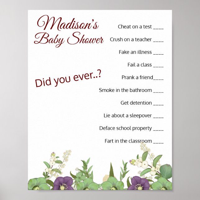 ✨ Baby Shower Ice-Breaker School Daze Question  Poster (Front)