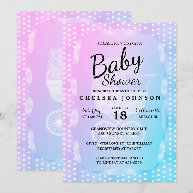 Baby Shower 👶 in a Gradient Pink, Purple and Blue Invitation (Front/Back)
