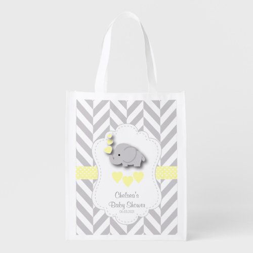 Baby Shower in Gray Chevron and Yellow Elephant Grocery Bag