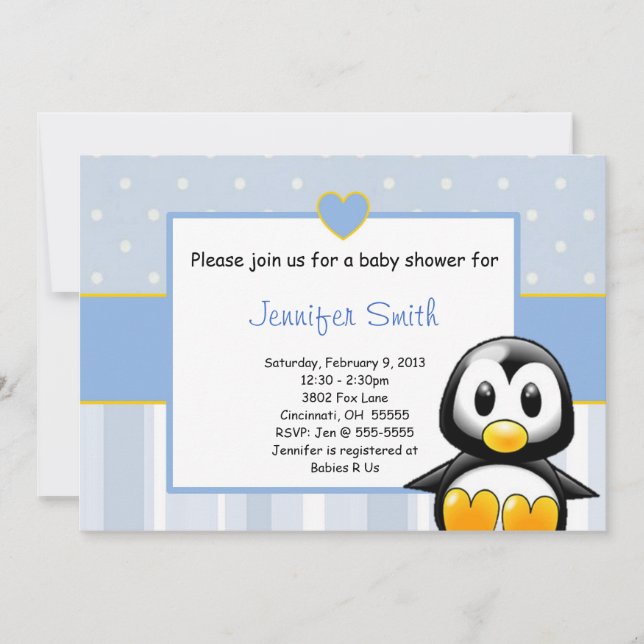 Baby Shower Invitation - Baby Penquin Heart (Front)