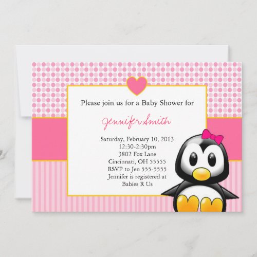 Baby Shower Invitation - Baby Penquin Heart Girl