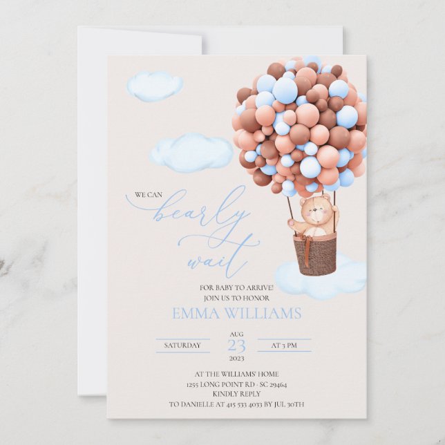 Baby Shower Invitation Bear blue Bearly Wait!  (Front)