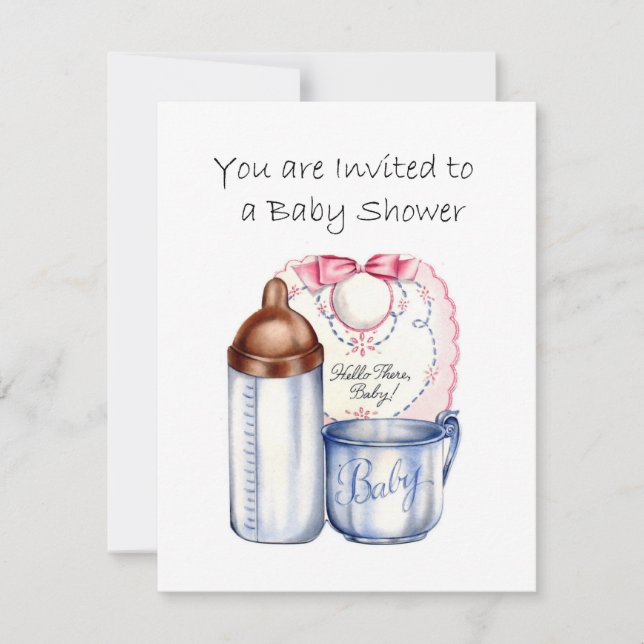 Baby Shower invitation bib, bottle and cup (Front)
