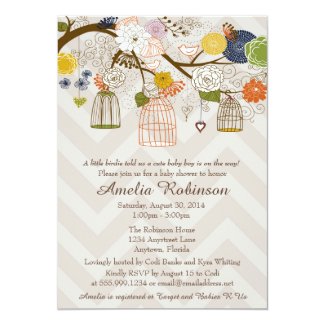 Baby Shower Invitation, Bird Cages Tree Bold Color Card